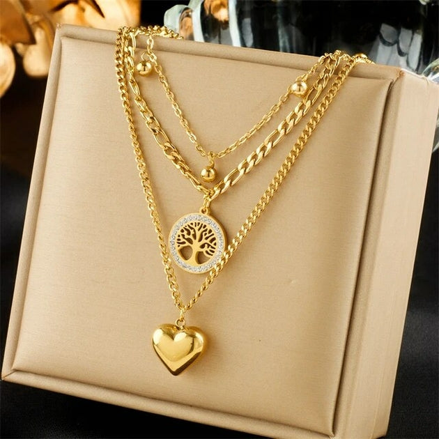 ⭐ Collier Multi-Rangs Doré – Arbre de Vie & Cœur