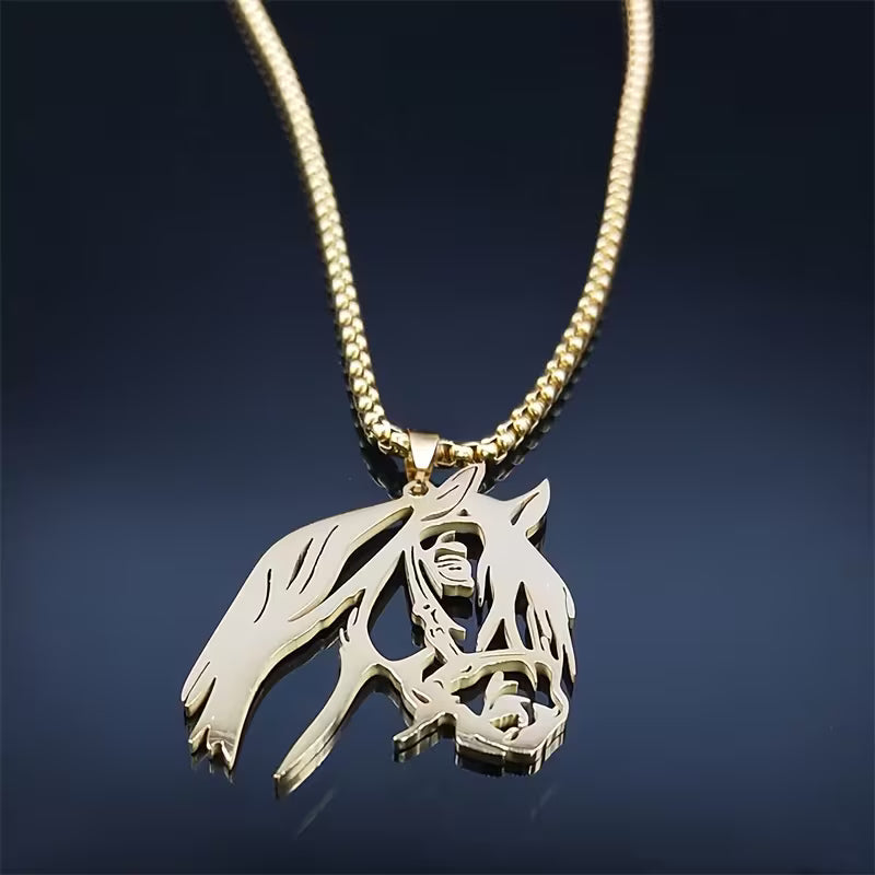 Collier tête de cheval – pendentif doré en acier inoxydable