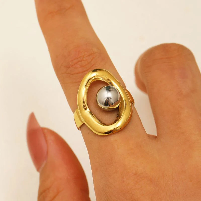Bague Ajustable Ovale Doré Perle Argentée – Acier Inoxydable