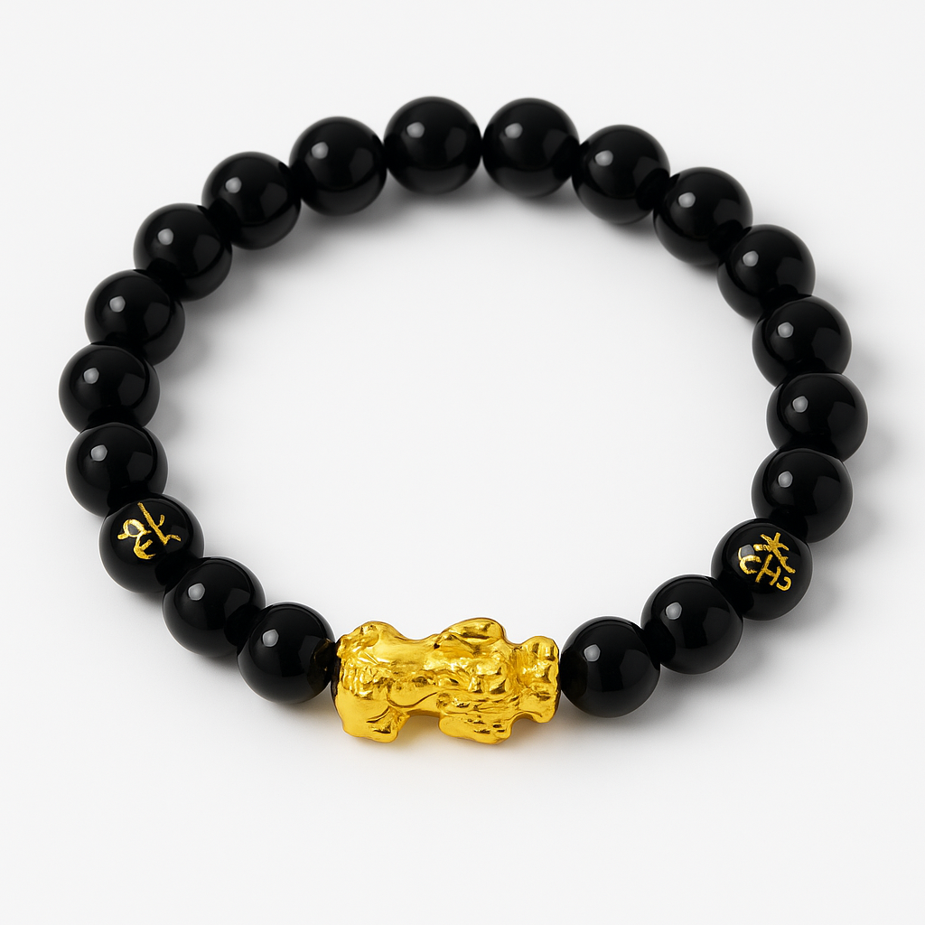 Bracelet Perles Noires avec Pi Xiu Doré