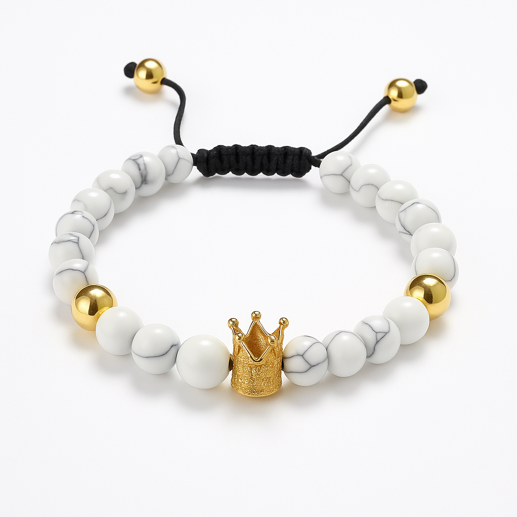 Bracelet Couronne en Howlite Blanche et Perles Dorées