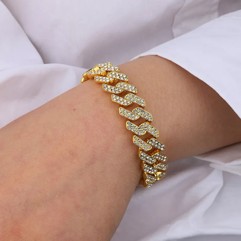 Bracelet Chaîne Cubaine Doré Pavé de Zircons – Acier Inoxydable 20 cm
