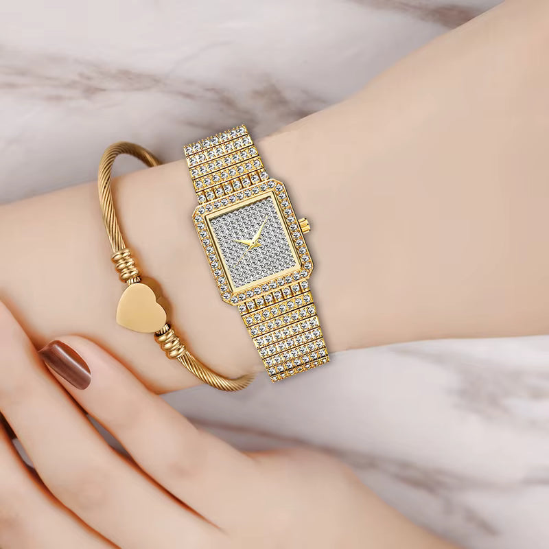 Montre Femme Impériale Diamantée – Luxe Or & Strass Intégral