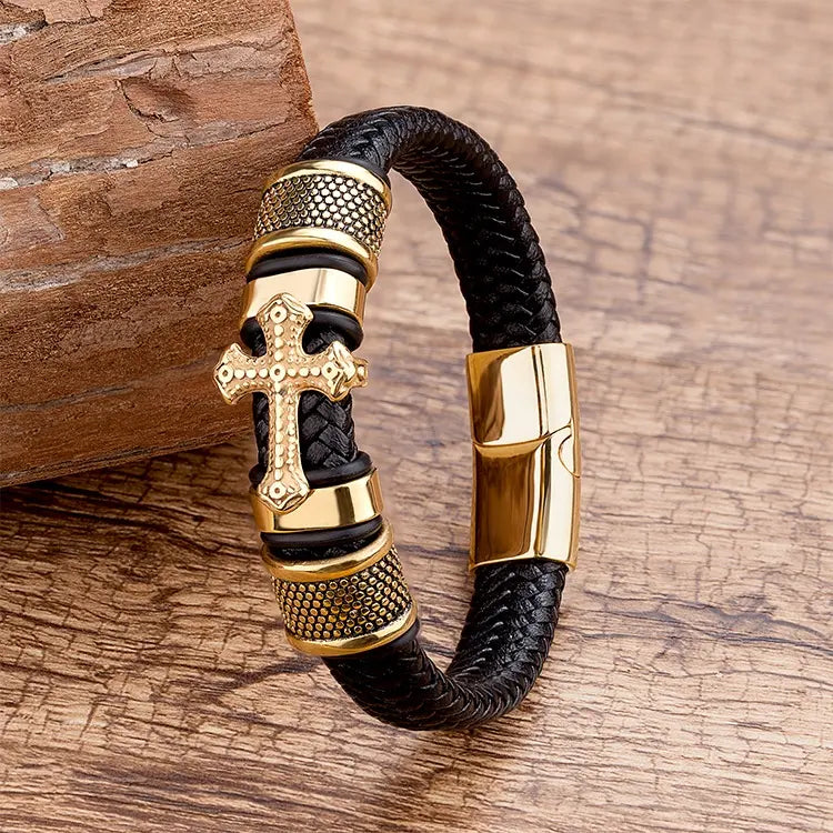 ✝️ Bracelet Croix Noir & Or – Cuir Tressé & Acier Inoxydable 316L
