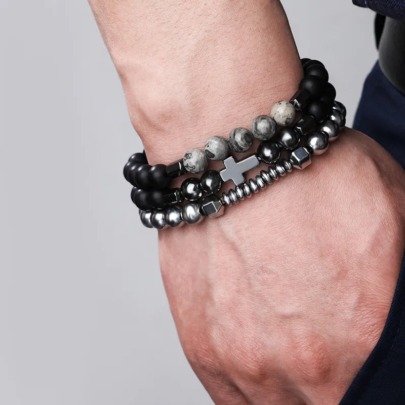 Set de 3 Bracelets Homme – Perles Naturelles & Hématite – Style Cross & Minimaliste
