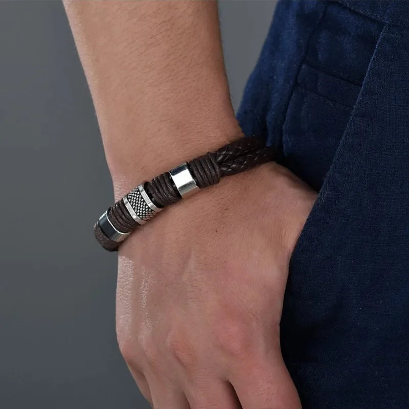 🖤 Bracelet Homme – Cuir Tressé & Acier Inoxydable