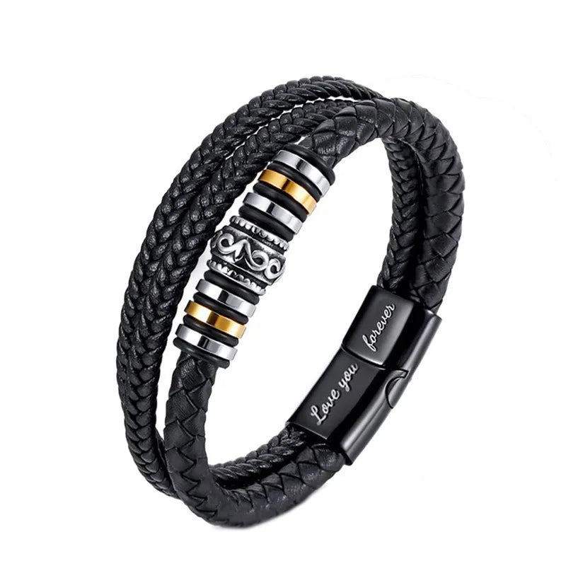 🖤 Bracelet Homme – Cuir Tressé Noir & Acier “Love You Forever”