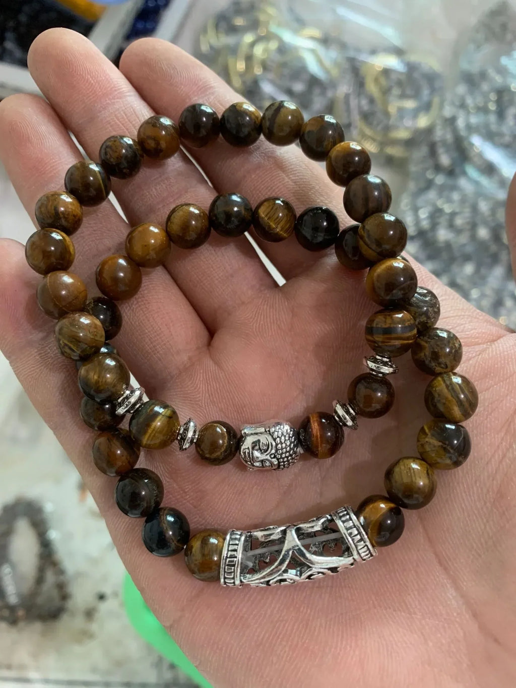 Bracelets duo Œil de tigre & noir – Charms Bouddha et barillet – Élastiques (lot de 2)