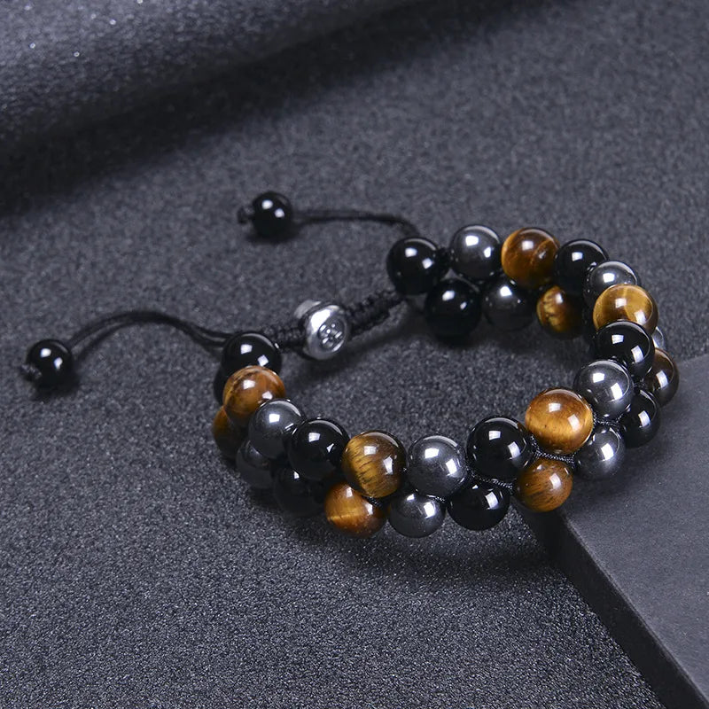Bracelet Œil de Tigre & Hématite – Double Rang