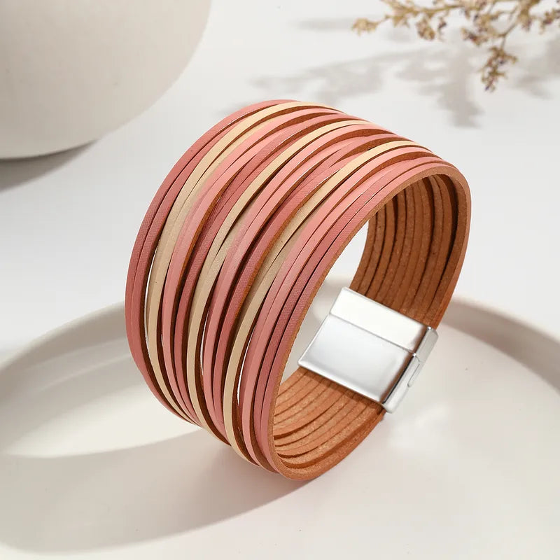 Bracelet Large Multi-Lanières Rose  – Style Élégant & Moderne – Fermoir Magnétique