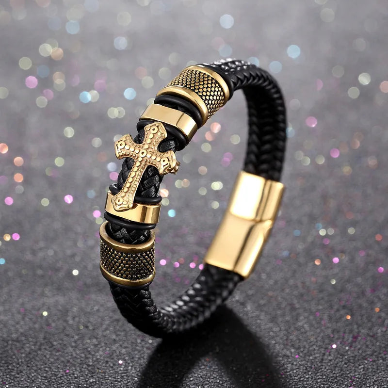 ✝️ Bracelet Croix Noir & Or – Cuir Tressé & Acier Inoxydable 316L