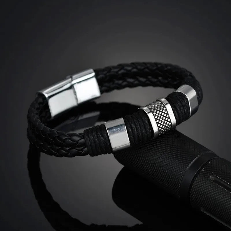 🖤 Bracelet Homme – Cuir Tressé & Acier Inoxydable