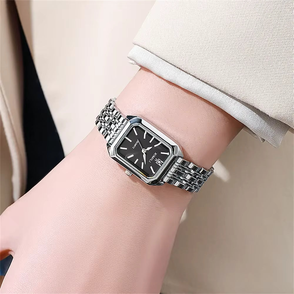Montre Femme Élégante Rectangle – Acier Inoxydable Argent & Cadran Noir