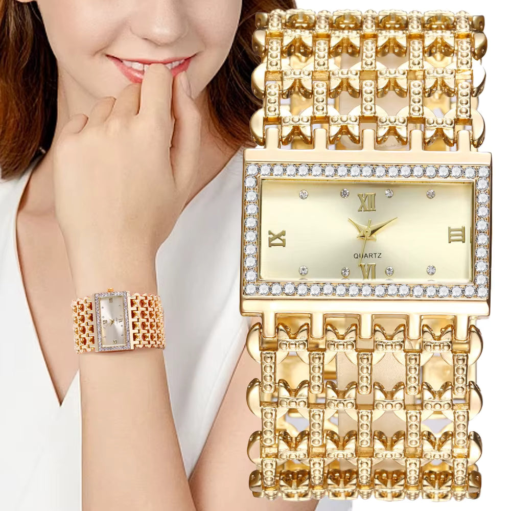✨ Montre Femme “Royal Chain Gold” – Bracelet à Maillons Luxe & Cadran Rectangulaire Cristallisé