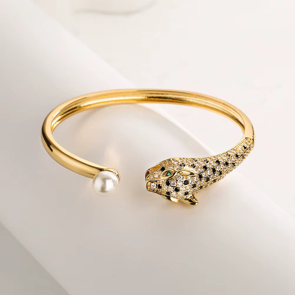 Bracelet jonc serpent doré et perle – acier inoxydable