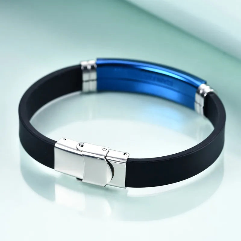 Bracelet Homme Silicone & Acier Inoxydable – Plaque Bleu Métallique