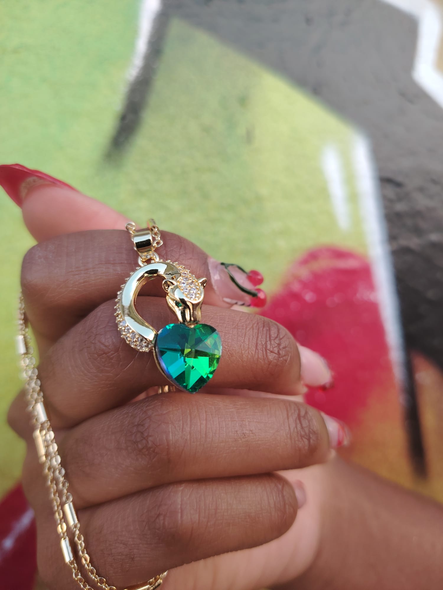 Collier Panthère & Cœur Vert Émeraude