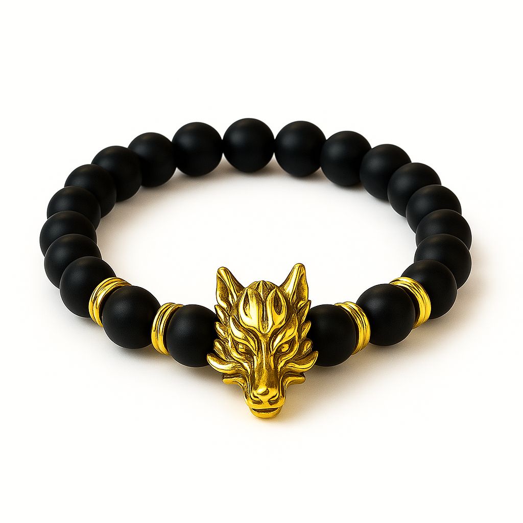 Bracelet Loup Doré – Perles Noires & Élégance Sauvage