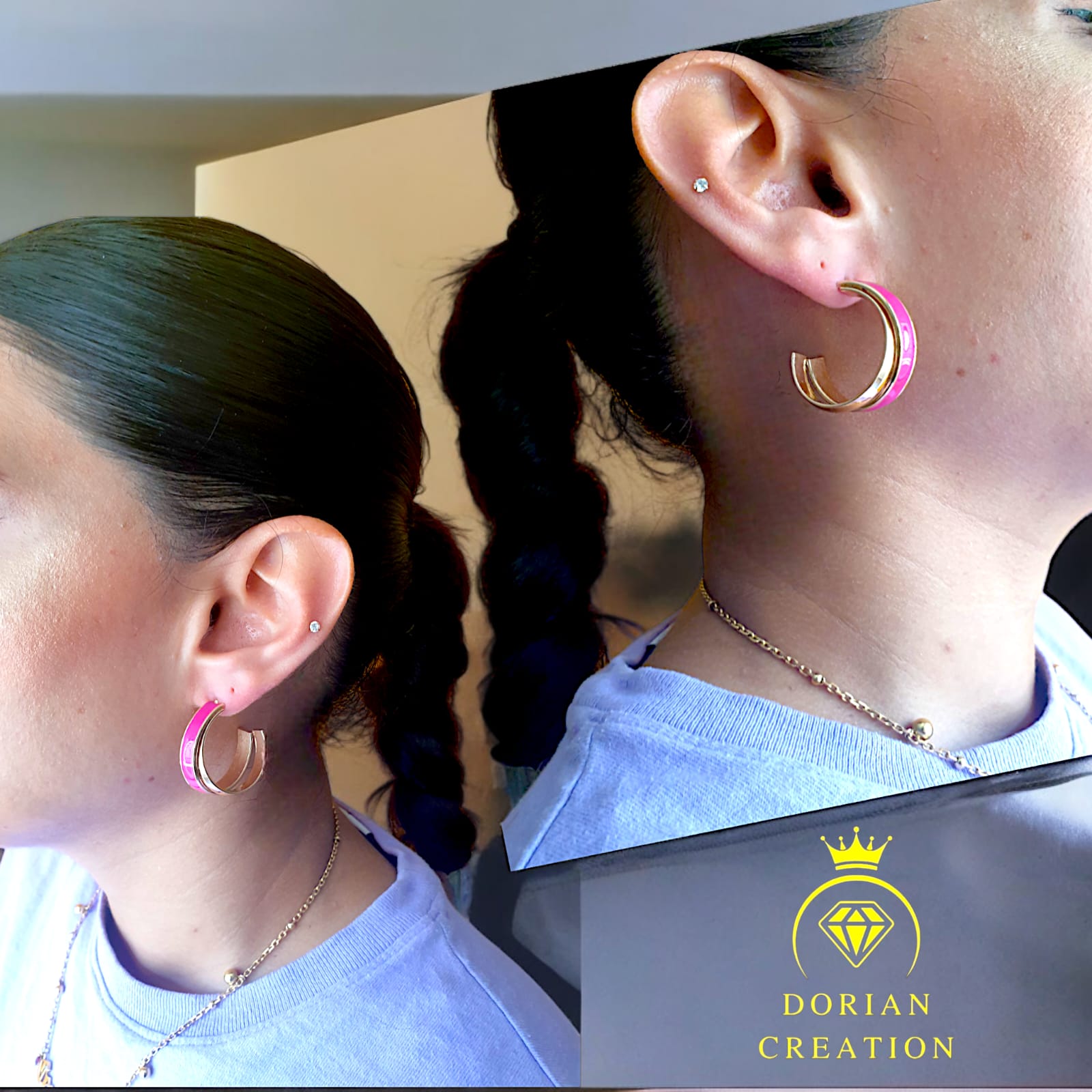 Boucle d'oreilles demi-créole rose & dorée