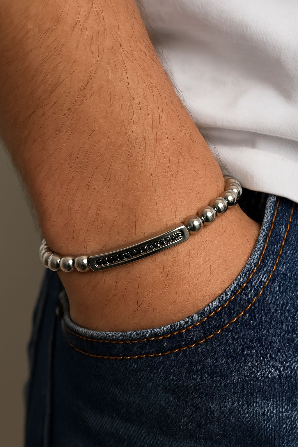 Bracelet Acier Argenté et Pierres Noires
