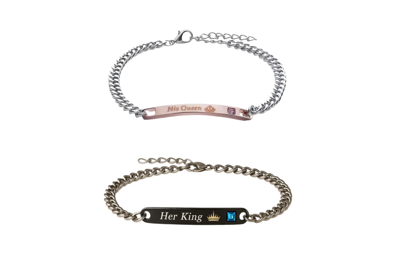 Bracelets Couple His Queen & Her King – Duo acier inoxydable or rose & noir