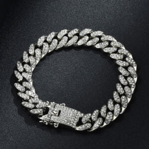 Bracelet Chaîne Cubaine Argenté Sertie – Acier Inoxydable & Zircons – 20 cm
