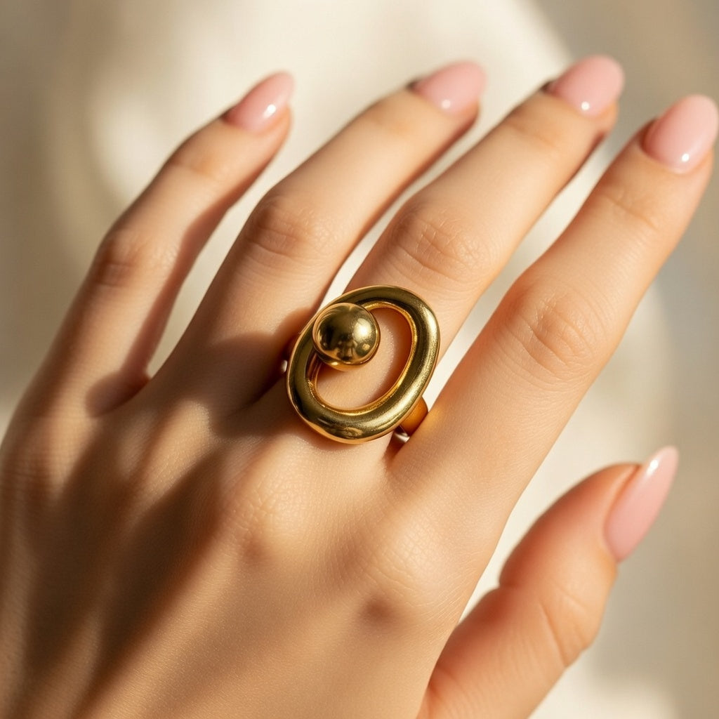 Bague Ajustable Ovale Doré Perle Or – Acier Inoxydable