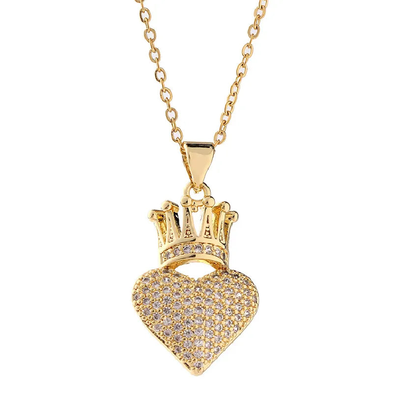 Collier Cœur Couronné – Doré & Zircons